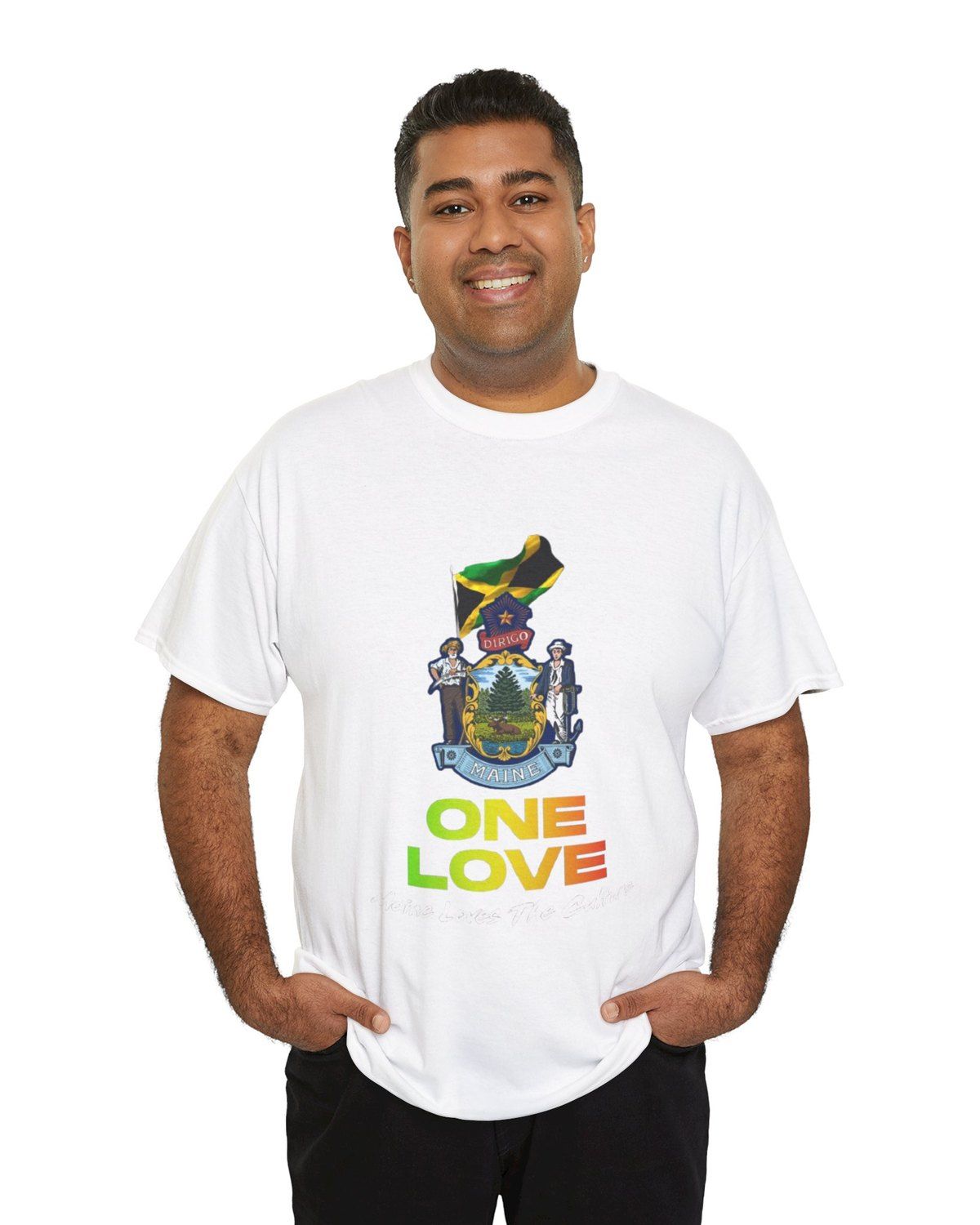 A man wearing the white One Love tee — the Maine state seal flying the Jamaican flag, with "One Love" and "Maine Loves The Culture" underneath